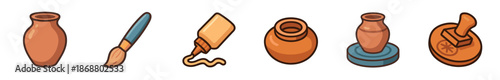 Set of six pottery making icons including a clay vase, paintbrush, glaze, potter's wheel, and stamp tool in a simple cartoon illustration style for creative hobby concepts