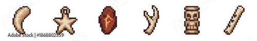 Set of six pixel art tribal artifacts including a tusk, idol, shield, skeletal hand, totem, and flute for a fantasy video game asset collection in a retro 8-bit style