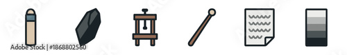Set of six art supply icons for drawing and sketching, including a charcoal stick, easel, paper, and pencil, presented in a clean, flat, and colorful vector illustration style