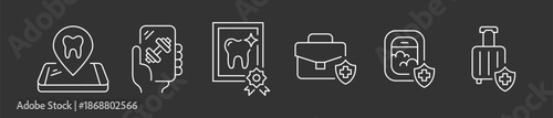 Professional Global Security and Specialized Protection Icon Set, Minimalist Line Art Vector for Dental Care Location, Fitness App Tracking, Certified Medical Verification.