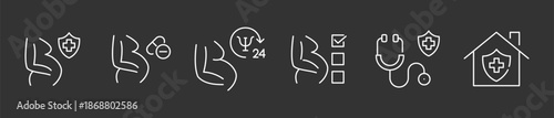 Comprehensive Maternity Health and Secure Domestic Care Icon Set , Minimalist Line Art Vector for Prenatal Insurance Protection, Pregnancy Medication Warnings, 24/7 Maternal Therapy.