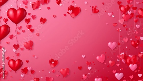 Colorful Hearts in Different Sizes Float Against a Pink Background for a Fest...