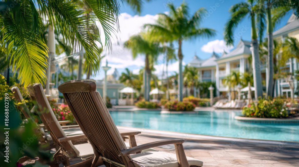 Fototapeta premium A luxurious tropical resort pool with palm trees and sun loungers, a concept for a relaxing summer holiday and a place to travel