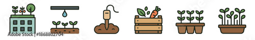 Set of six colorful gardening icons representing urban farming, irrigation, planting, harvesting, seedlings, and sprouts in a simple flat line art illustration style