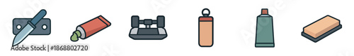 Set of six colorful filled outline icons depicting various objects including a knife, paste, skateboard truck, water bottle, and sharpening stone for different concepts