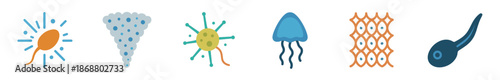 Set of colorful flat vector icons depicting biological and natural elements including a spermatozoon, tornado, virus, jellyfish, cellular tissue, and a tadpole in a minimalist style