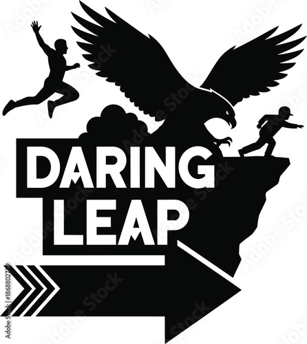Daring Leap Figure Leaping Mountain Bird Vector Black Hand Drawn Typography Logo Emblem Badge Icon Silhouette Vintage Retro Graphic Freedom Adventure Challenge