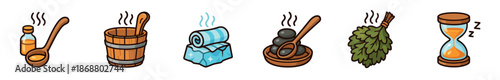 Set of six colorful cartoon icons for sauna and spa treatments showing a bucket, ladle, oil, hot stones, birch broom, and hourglass for wellness and relaxation concepts