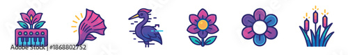 Set of six vibrant vector icons including a synthesizer flower, glitch bird, seashell, and cattails, rendered in a modern, colorful, outlined graphic design style
