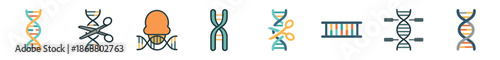 Collection of colorful gene editing icons showing DNA helix, chromosome, and scissors for biotechnology and molecular biology concepts in a flat design style