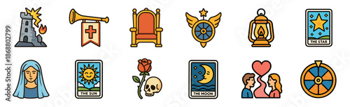 Diverse set of twelve mystical icons featuring tarot cards like the sun, moon, and star, a wheel of fortune, a burning tower, a skull with a rose, and a couple in love