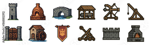 Set of medieval fantasy pixel art icons featuring a castle tower, catapult, forge, gate, and other building and weapon assets for a video game