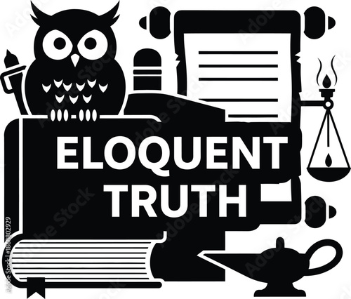 Eloquent Truth Owl Books Scroll Scales Vector Black Hand Drawn Typography Logo Emblem Badge Icon Silhouette Vintage Retro Graphic Knowledge Wisdom Education Justice