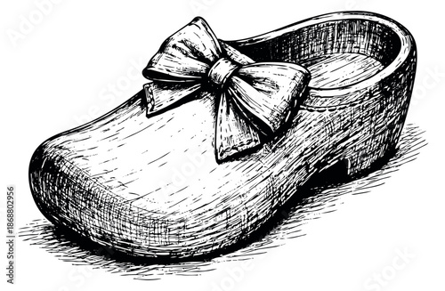Hand drawn illustration of a wooden clog depicting a decorative bow for traditional dutch culture