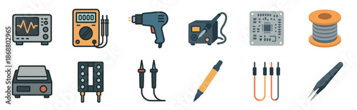 Electronics repair and soldering equipment icon set with a multimeter, oscilloscope, heat gun, and PCB for technical service, presented in a simple flat cartoon vector style