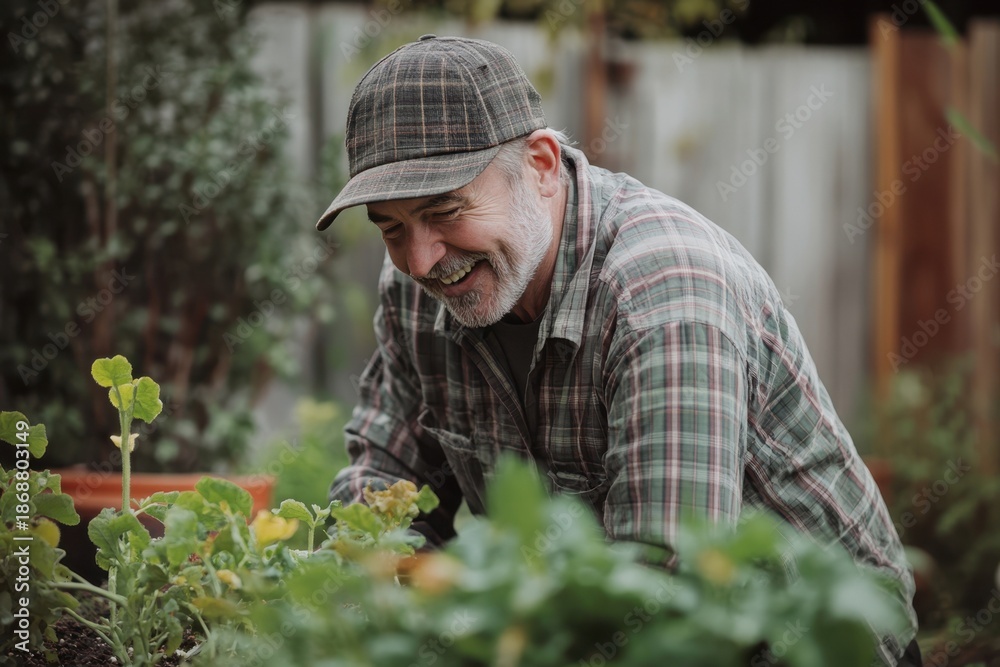 Fototapeta premium Elderly man smiling while tending to his vegetable garden in a sunny backyard