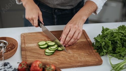 Preparing Fresh Cucumber Slices on a Wooden Cutting Board in a Kitchen Setting