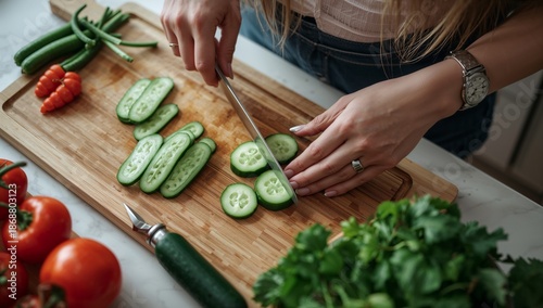Cooking Activity With Cucumber on Wooden Cutting Board in Kitchen During Daytime