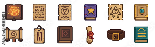 Pixel art set of magical books, ancient scrolls, and fantasy parchments for a retro video game, featuring glowing symbols, mysterious runes, and wax seals for an RPG adventure