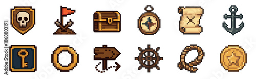 Set of pixel art pirate icons for a video game, including a treasure chest, map, skull, anchor, compass, and gold coin in a retro 8-bit style for adventure themes