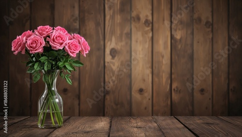 Fresh Roses in a Vase on a Wooden Table With a Rustic Backdrop in a Simple Se...