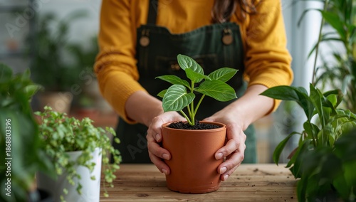 Person Planting a Young Plant in a Pot on a Wooden Table Surrounded by Other ...