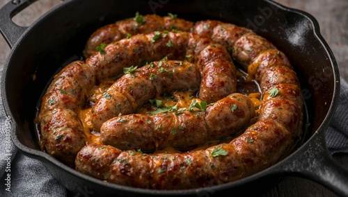Sausage Cooking in a Cast Iron Pan With Herbs on a Wooden Table During Dinner...