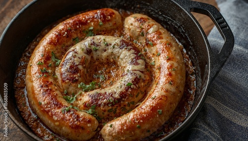 Sausages Cooking in a Skillet With Onions and Herbs in a Warm Kitchen Setting