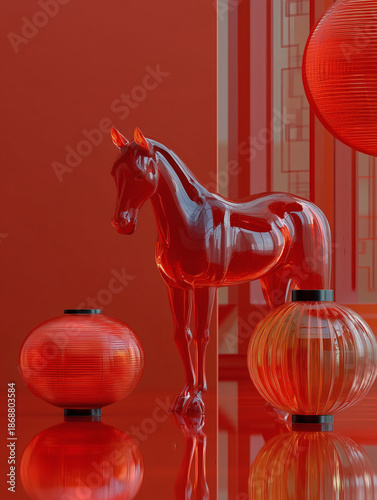 Chinese new year 2026 glass horse sculpture with lanterns