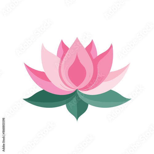 Elegant pink lotus flower blooming with green leaves, symbolic graphic vector art representing peace, purity, and spiritual enlightenment on a white background.