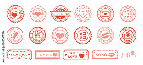 Set of red and pink Valentine's Day stamps. Hearts and Cupid, February 14, romance. Isolated on white background. Vector illustration.