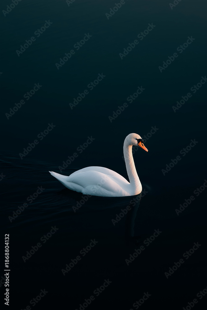 Fototapeta premium Elegant white swan swimming on dark tranquil lake water in moody natural light 