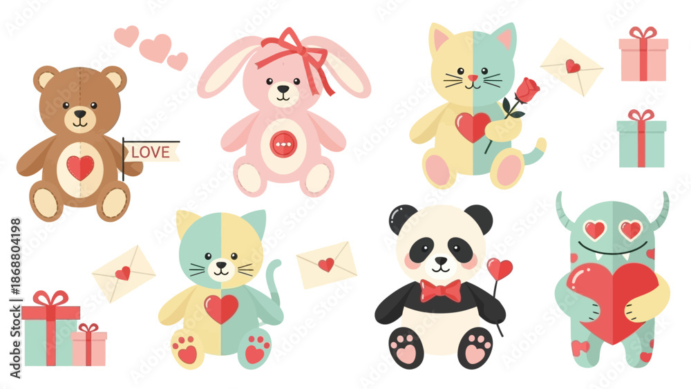Obraz premium Cute Cartoon Animals with Hearts and Gifts.
