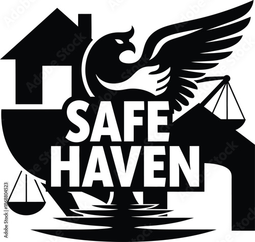 Safe Haven House Wings Shield Vector Black Hand Drawn Typography Logo Emblem Badge Icon Silhouette Vintage Retro Graphic Home Safety Protection Peace