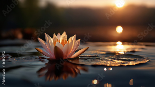 Serene water lily at sunset lake peaceful nature memorial scene spiritual reflection moment tranquil beauty contemplative atmosphere soft golden lighting calm water