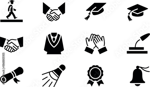 Collection of academic and celebration icons representing graduation milestones and achievements in a simplified graphic style