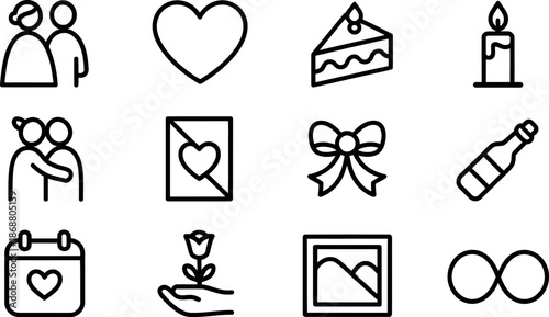 Collection of celebratory and romantic icons featuring couples hearts cake candle and gifts for special occasions