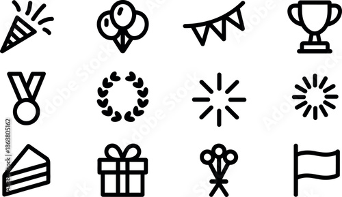 Collection of twelve simple outline icons representing various celebration and achievement elements