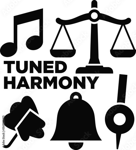 Tuned Harmony Scales Musical Note Vector Black Hand Drawn Typography Logo Emblem Badge Icon Silhouette Vintage Retro Graphic Justice Sound Law Art