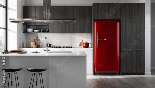 Bright Kitchen With Red Cabinets and Appliances in a Modern Home During the Day