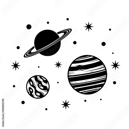 Black and white illustration planets.