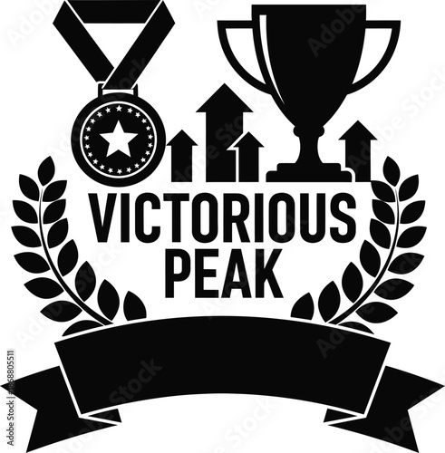 Victorious Peak Trophy Laurel Wreath Mountain Vector Black Hand Drawn Typography Logo Emblem Badge Icon Silhouette Vintage Retro Graphic Winner Success