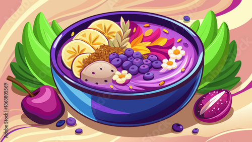 Very beautiful purple smoothie bowl topped with banana slices, granola, and coconut flakes, served in a ceramic bowl, expressing a fresh, colorful, and nourishing breakfast or snack concept.