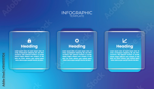 Modern three-step infographic template with blue gradient background, glassmorphism cards, icons, and clean layout for business workflow presentations.