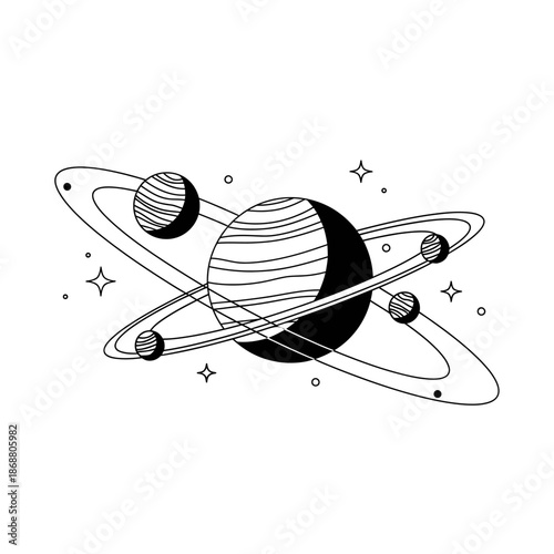 Black and white planet with rings.