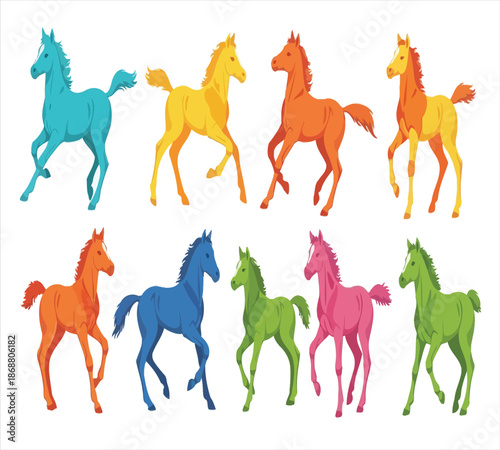 Colorful horses in a row a vibrant illustration of equine grace