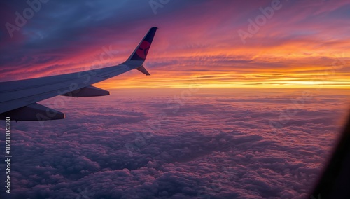 View of an Airplane Wing Above Clouds During Sunset in the Sky