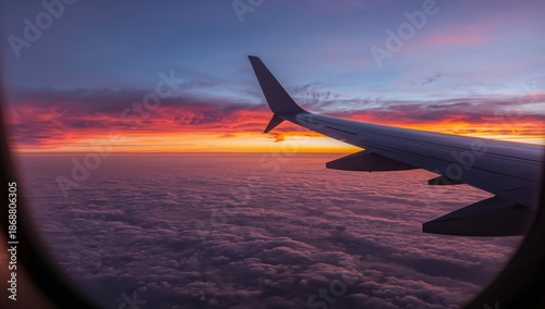 Sunset View From Airplane Window Above Clouds During Flight