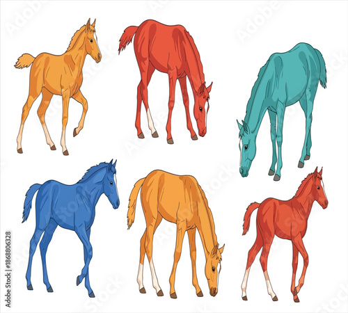 Colorful illustration of six horses grazing and standing in different positions