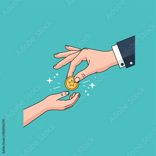 Hand giving gold coin to another.